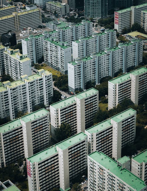 Aerial view of Korean apartment complex with dong and ho building numbers