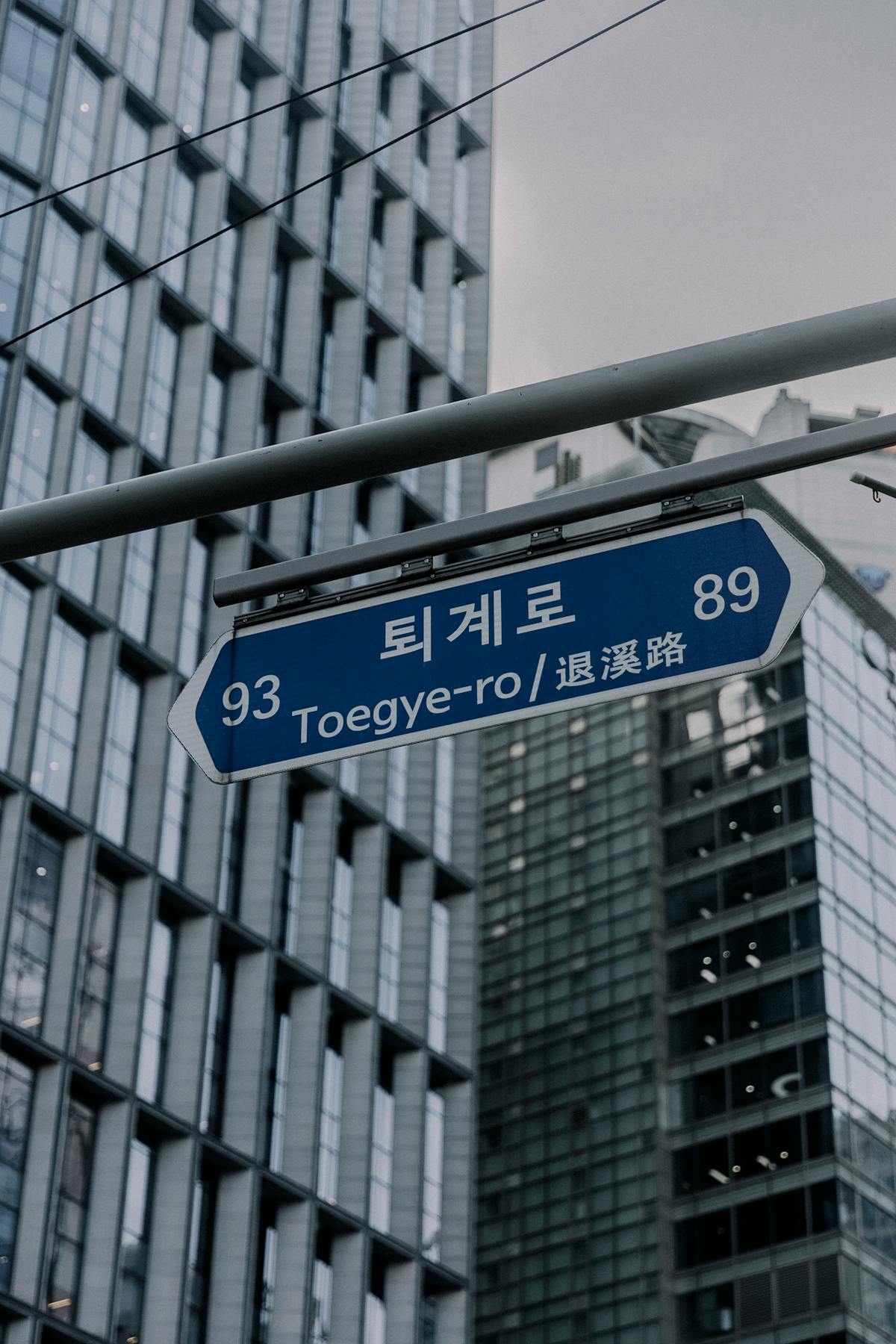 Toegye-ro street sign in Seoul showing Korean road name address format