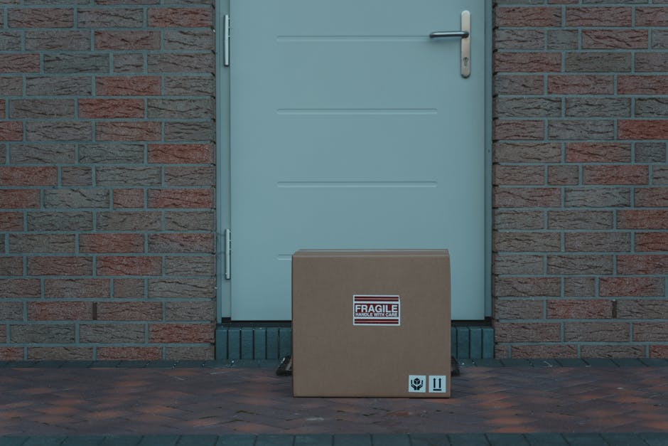 Cardboard parcel box delivered at door in South Korea from Etsy order