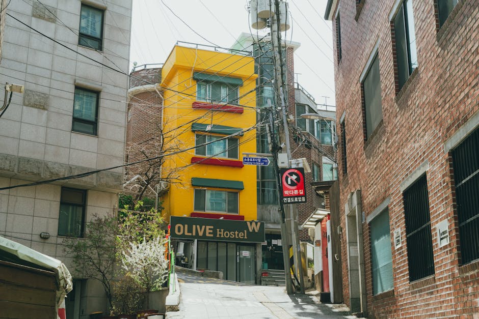 Vibrant Seoul neighborhood street with signs for address setup guide