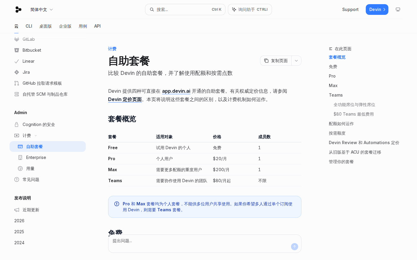 Devin 官方文档显示 Free、Pro、Max 与 Teams 自助套餐价格