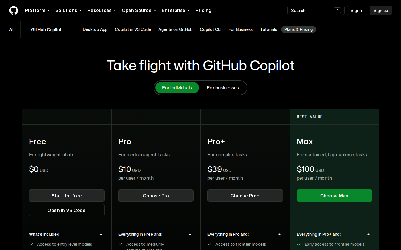 GitHub Copilot 官方方案页显示 Free、Pro、Pro+ 与 Max 价格