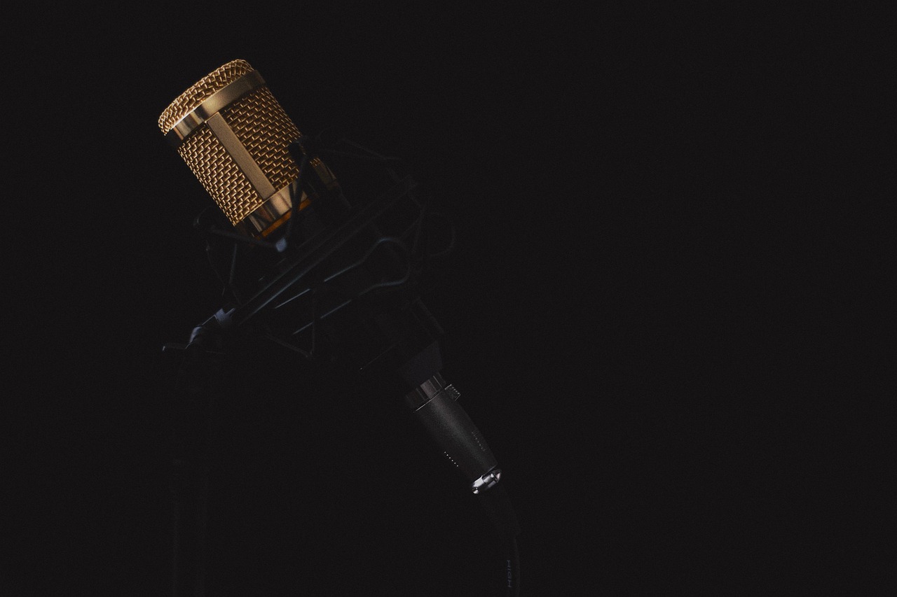Narrator recording an audio description and read-aloud script in a voice studio