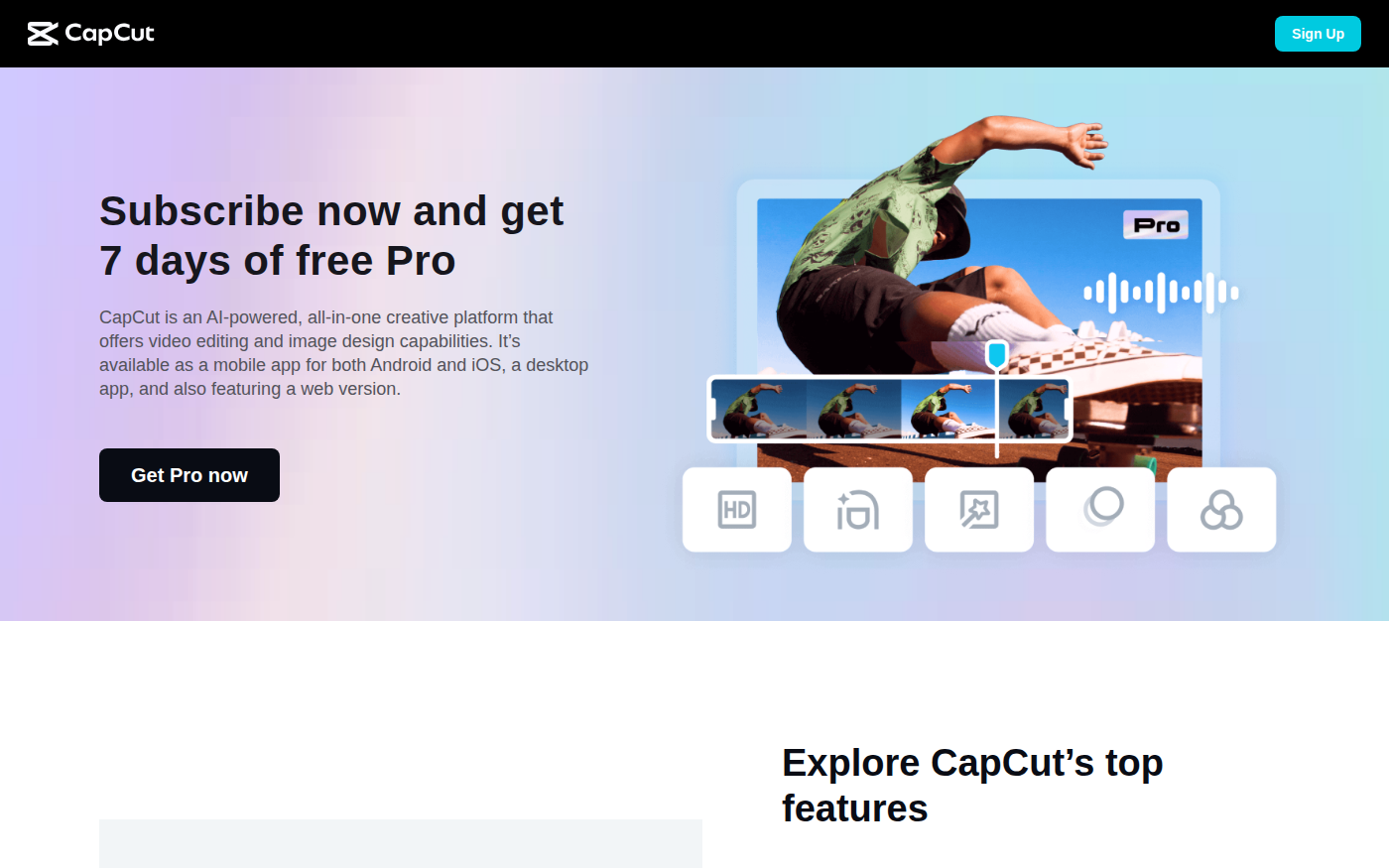 CapCut 官方订阅页显示 Pro 试用和月付年付起价