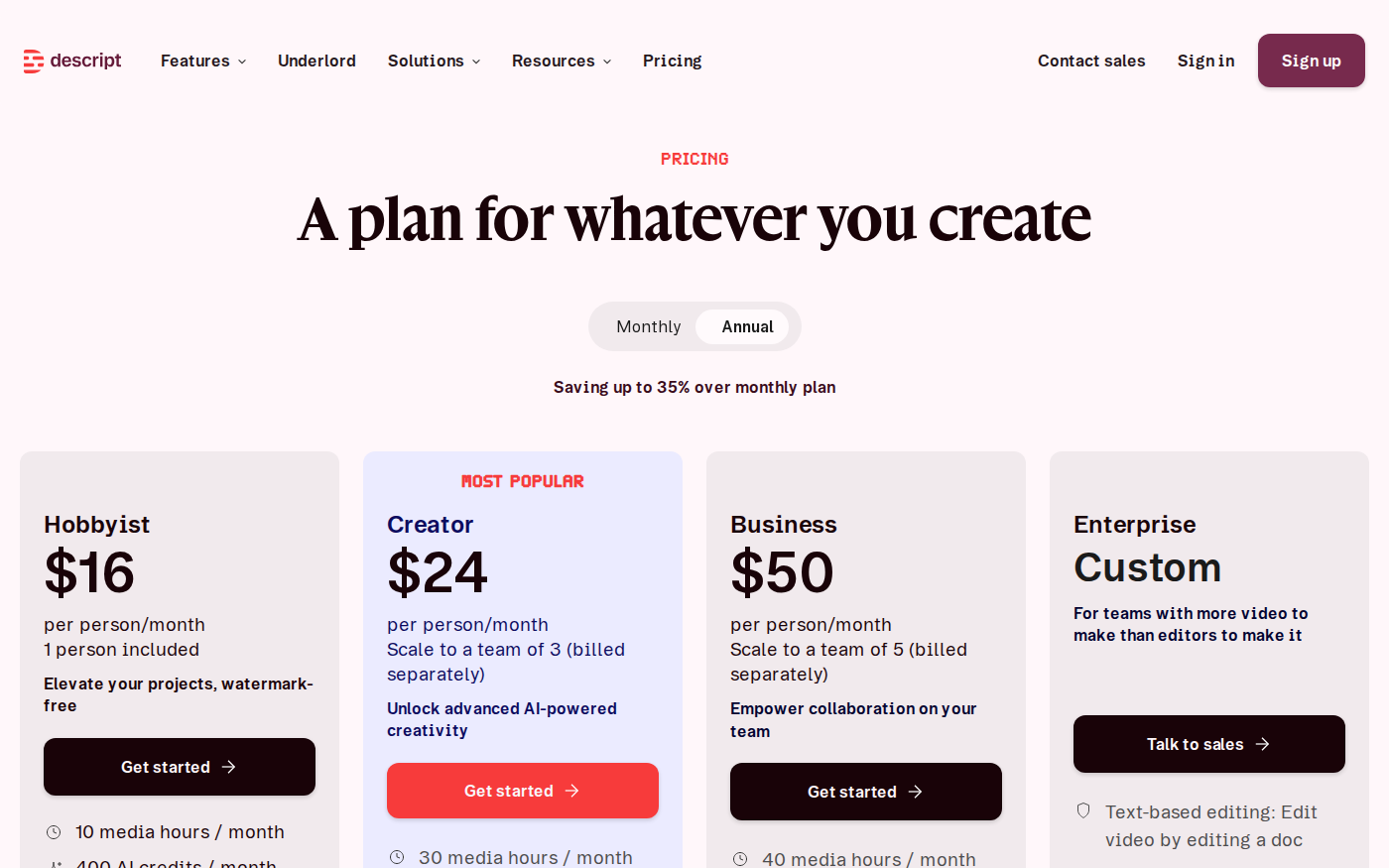 Descript 官方价格页显示 Hobbyist、Creator 与 Business 方案