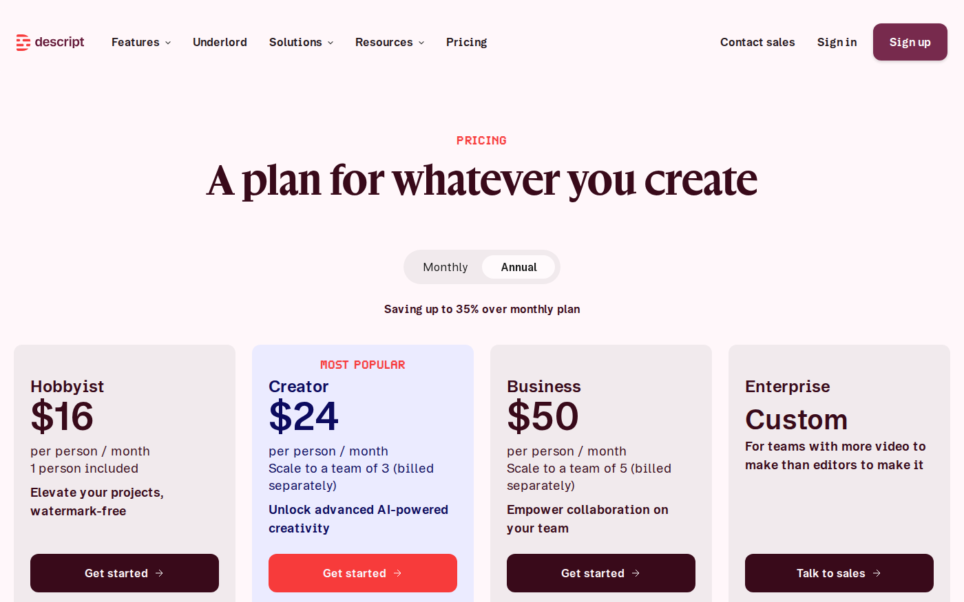 Descript pricing page showing plan prices media hours and AI credits