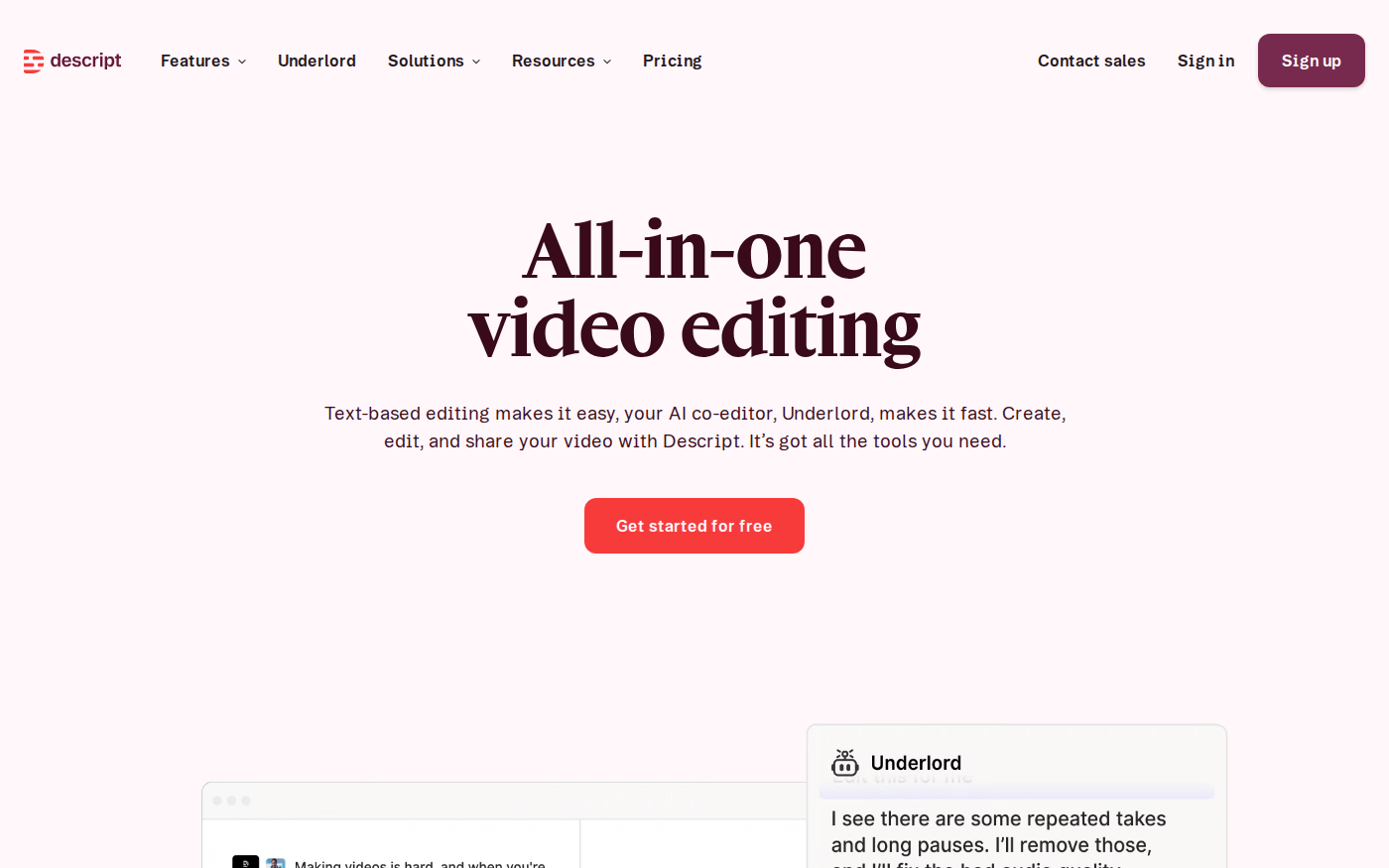 Descript official video editing page explaining text based editing