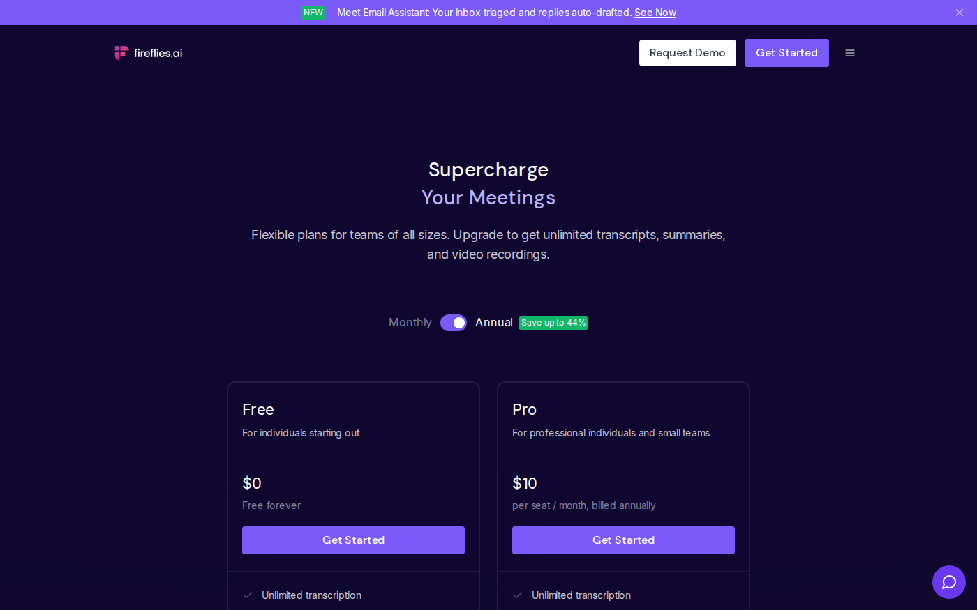 Fireflies.ai official pricing page showing Free, Pro and Business plans