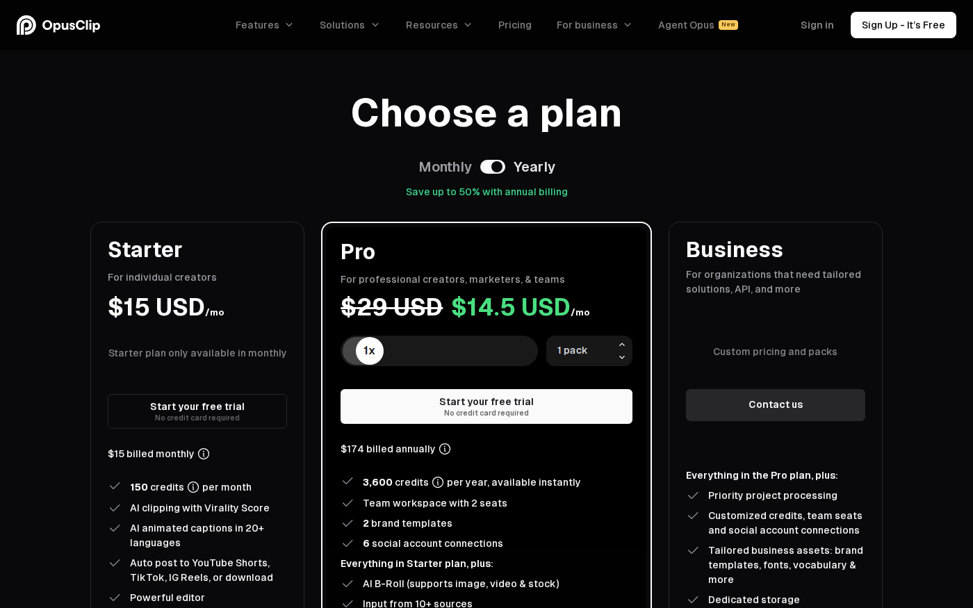 OpusClip公式料金ページのFree・Starter・Proプラン