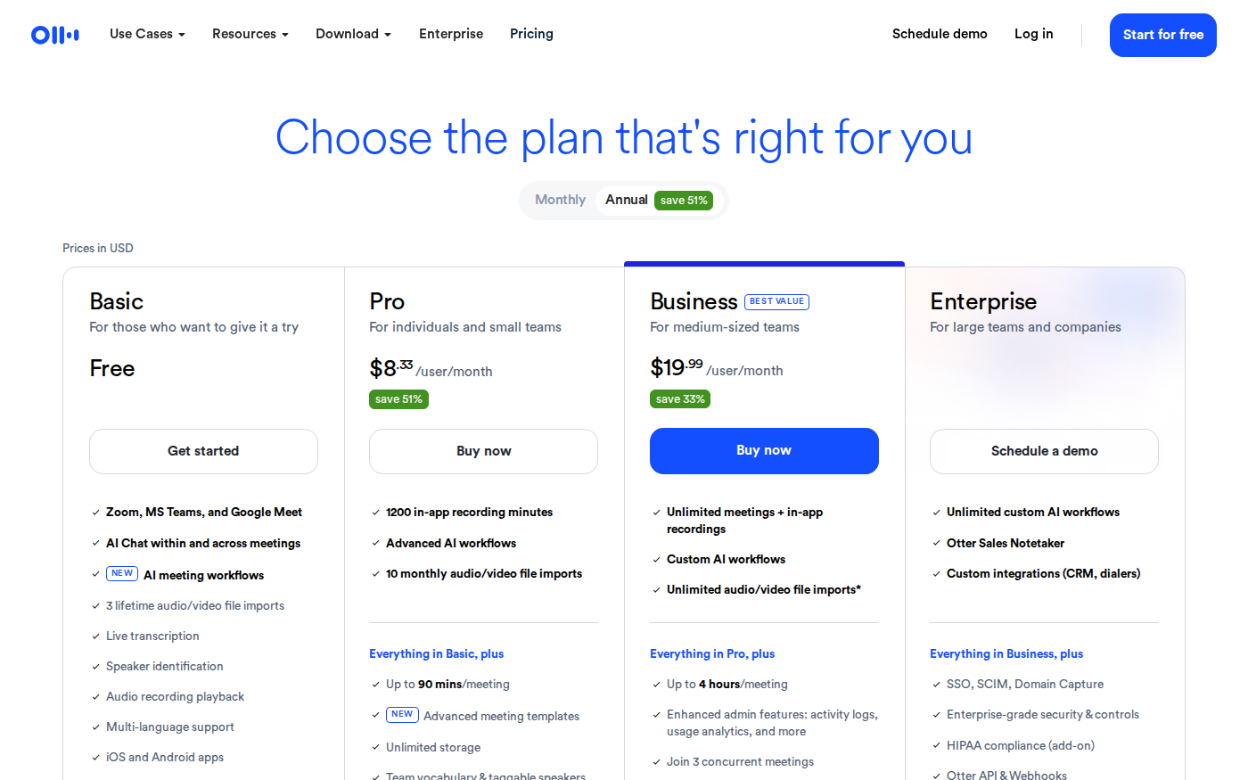 Otter.ai official pricing page showing Basic, Pro and Business plans