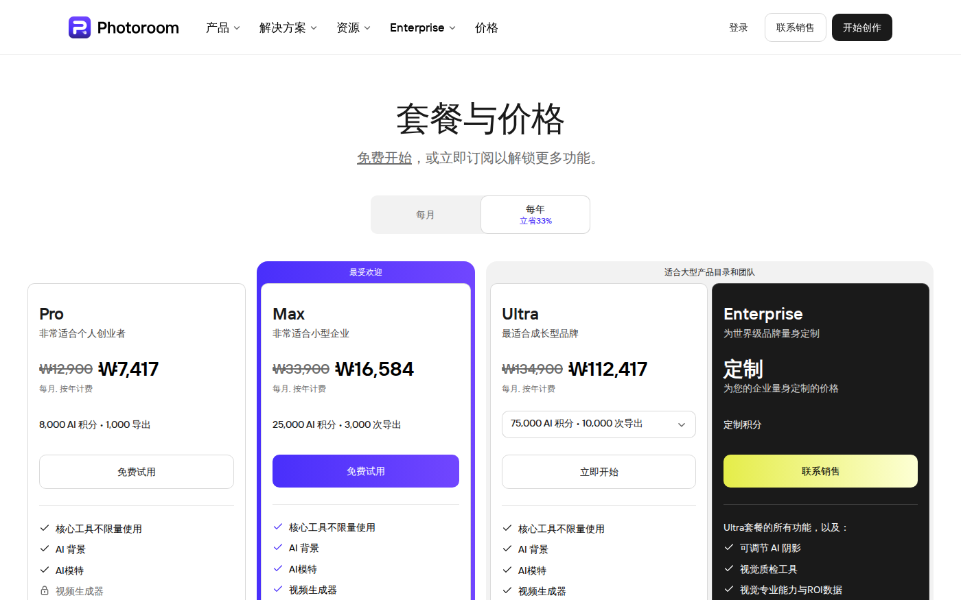 Photoroom 官方中文价格页 Pro Max Ultra 套餐