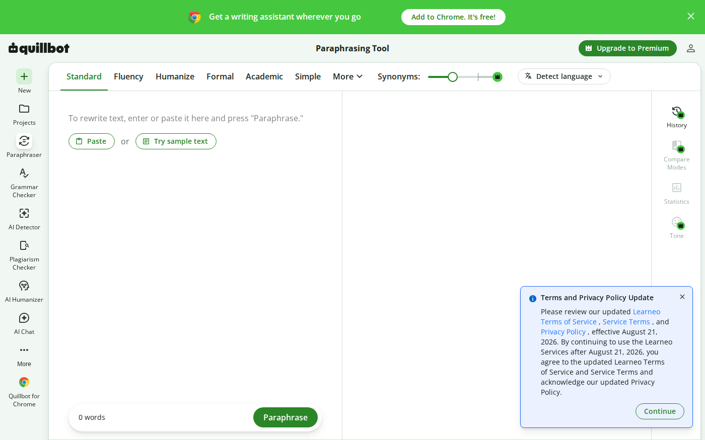 QuillBot Paraphraser interface showing Standard and Fluency modes
