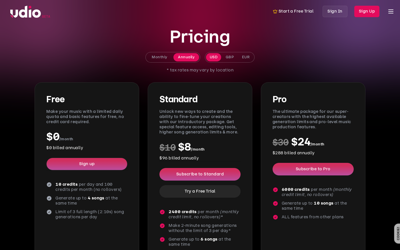 Udio 官网免费版 Standard Pro 价格与积分