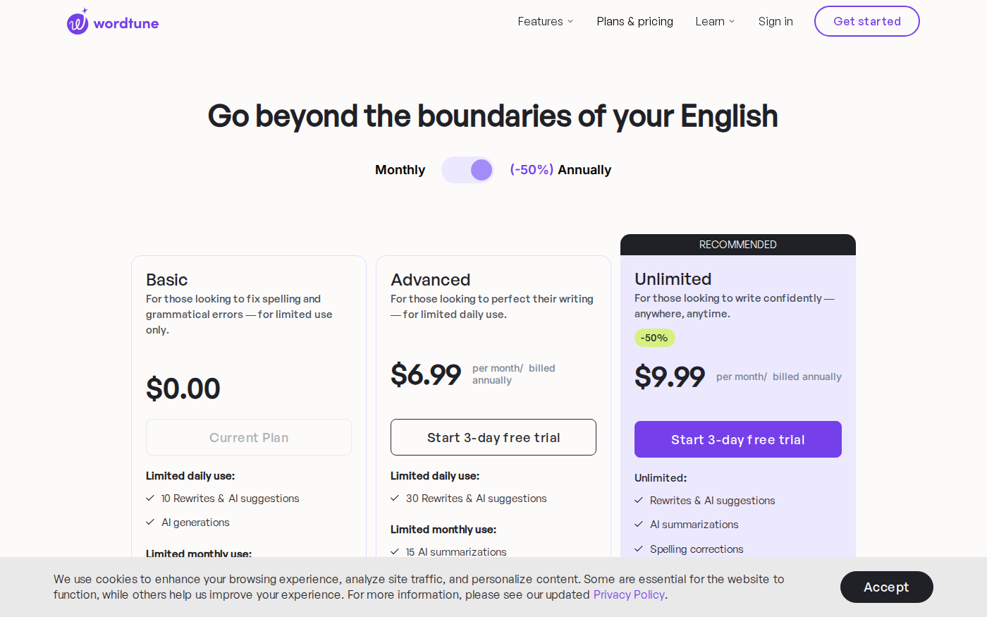 Wordtune pricing page showing Basic Advanced and Unlimited plans