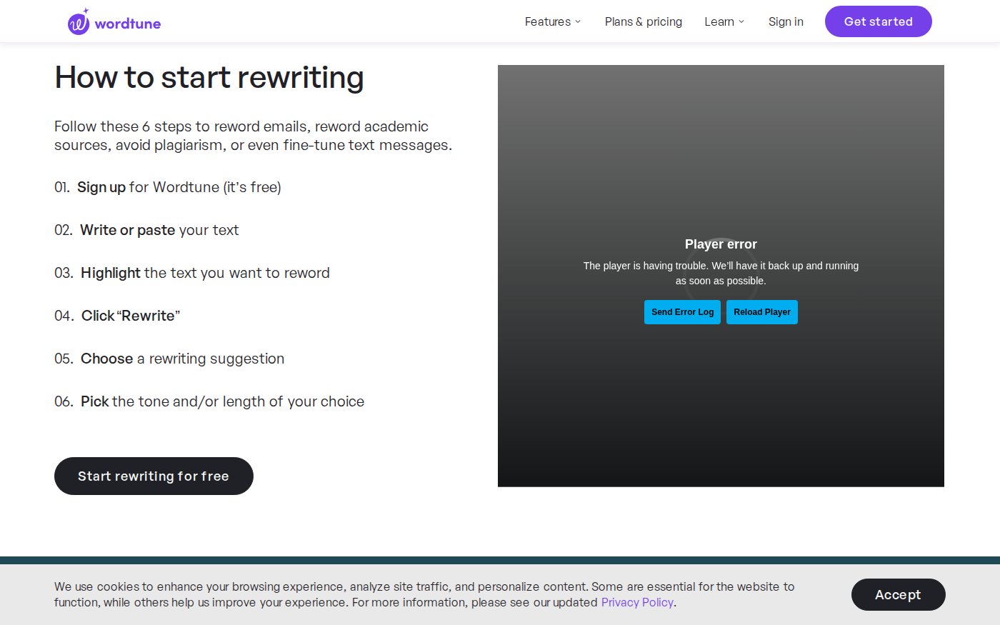 Wordtune free Rewrite page with text input and tone controls