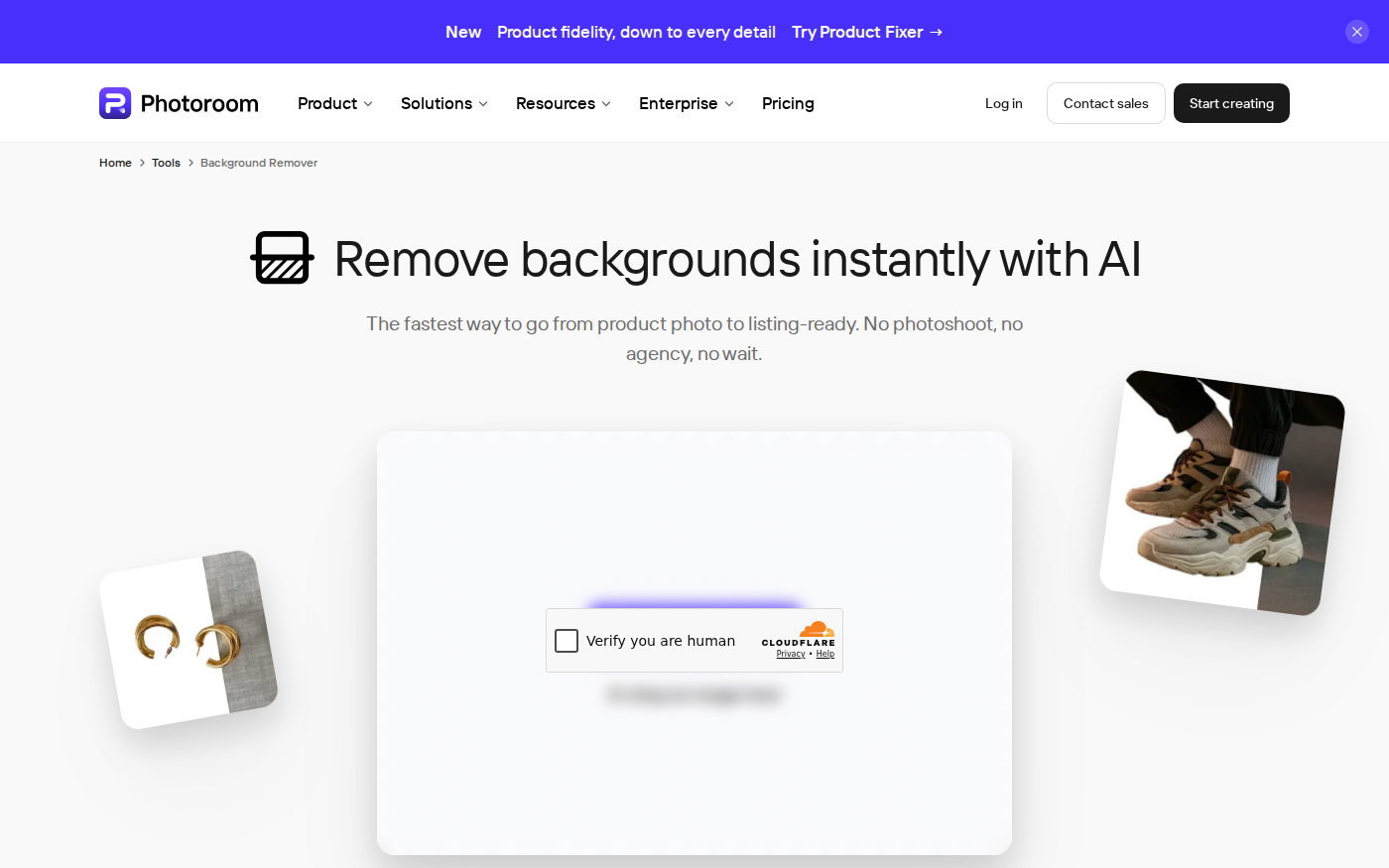 PhotoRoom background remover upload interface for product images