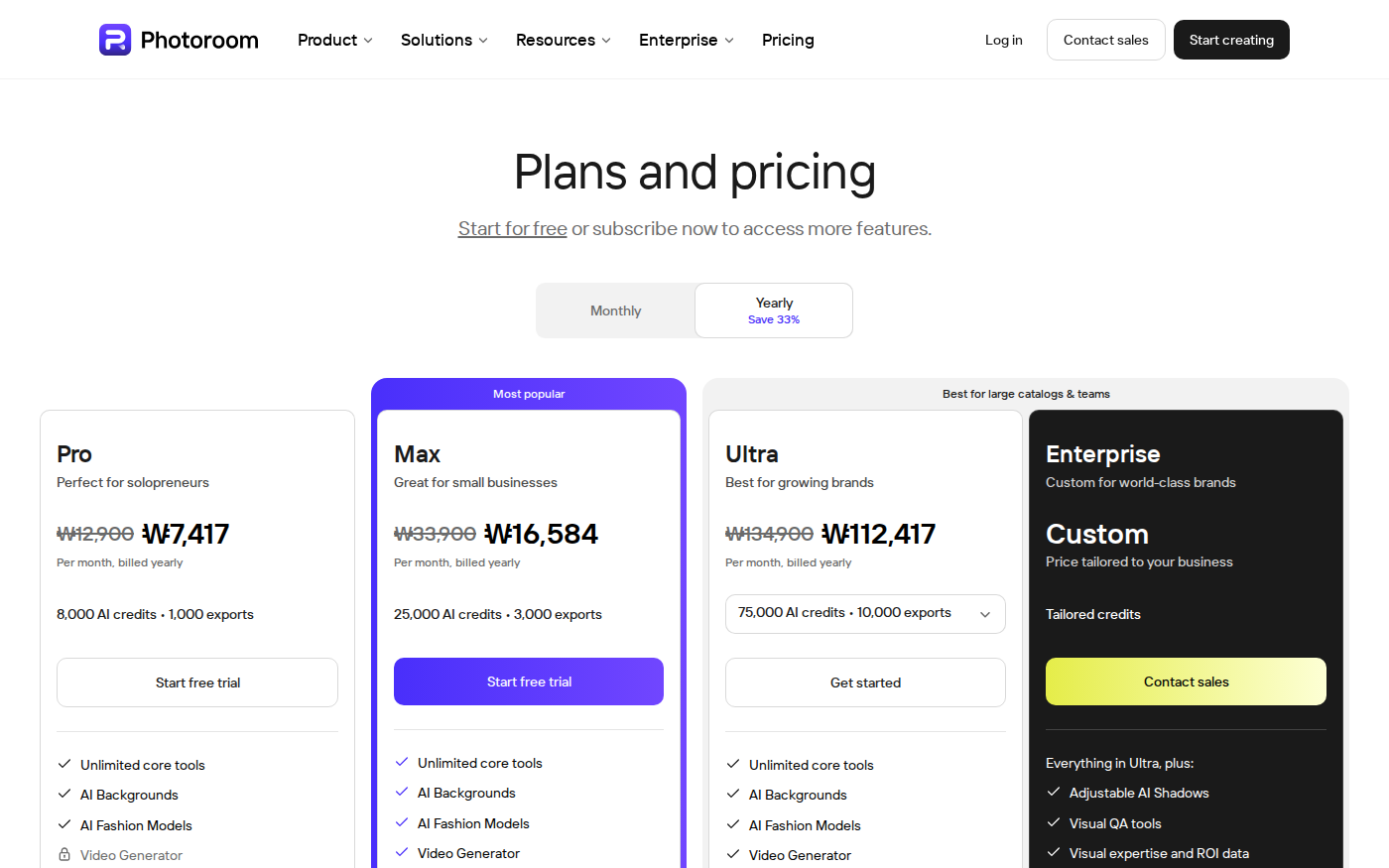 PhotoRoom pricing page showing Pro Max and Ultra plans