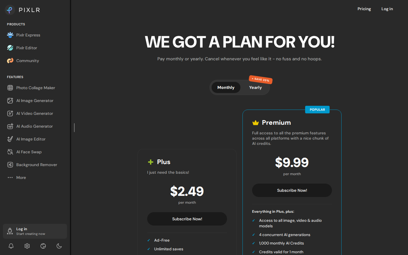 Pixlr pricing page showing Plus Premium and Ultra plans