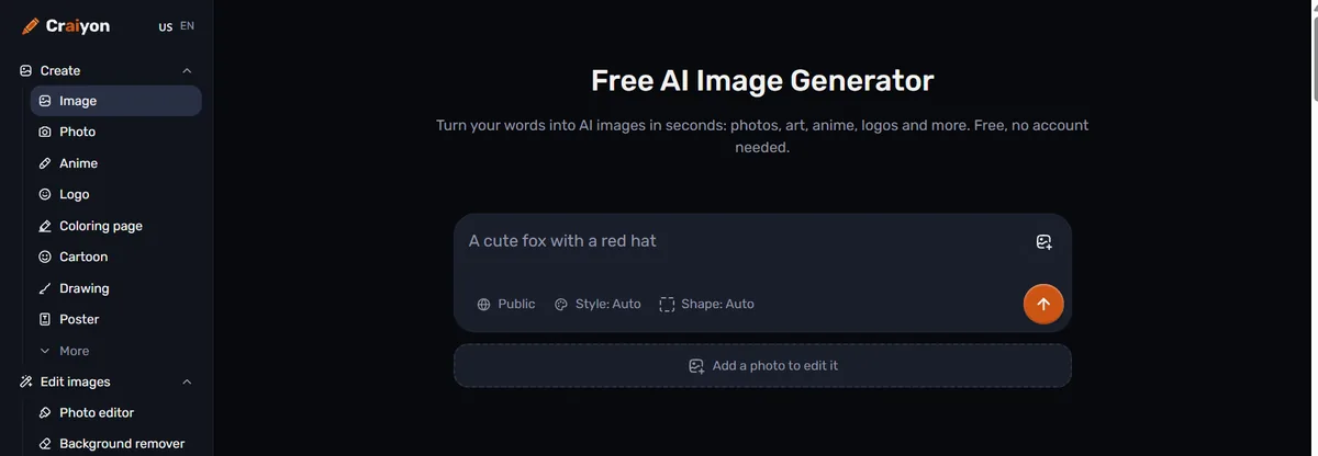 Craiyon home page showing the heading Free AI Image Generator and the line Free, no account needed